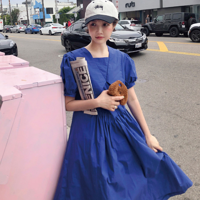 

Корейский шик ниша дизайнер остроконечный воротник сплошной цвет талии Платье