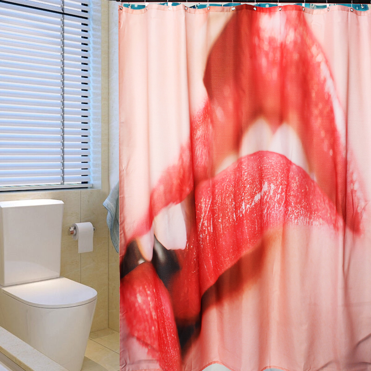 150x180cm 3D Sexy Red Lips Waterproof Shower Curtain Bathroom Decor with 12 Hooks