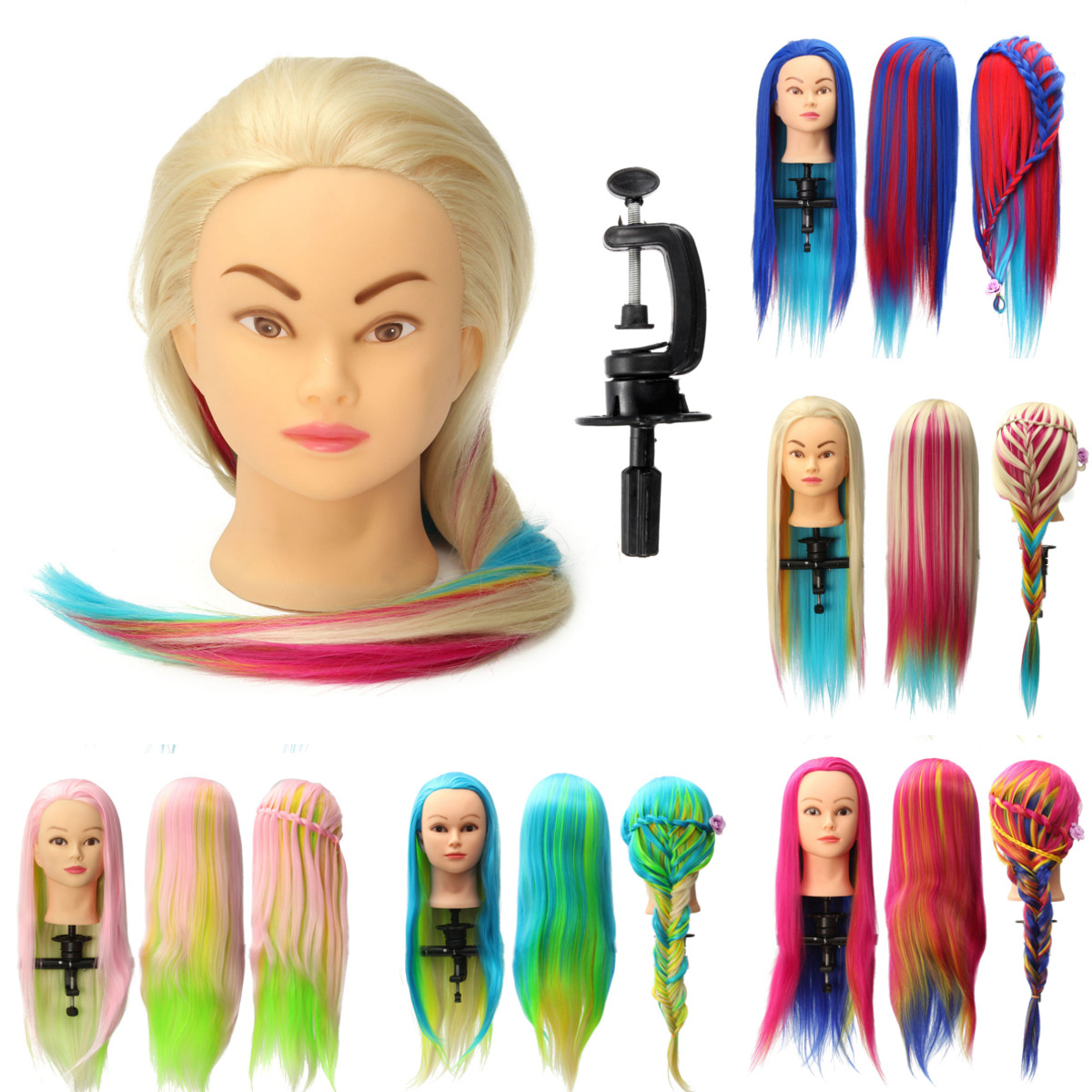 

8 Colors Salon Hairdressing Braiding Practice Mannequin Hair Training Head Models With Clamp Holder
