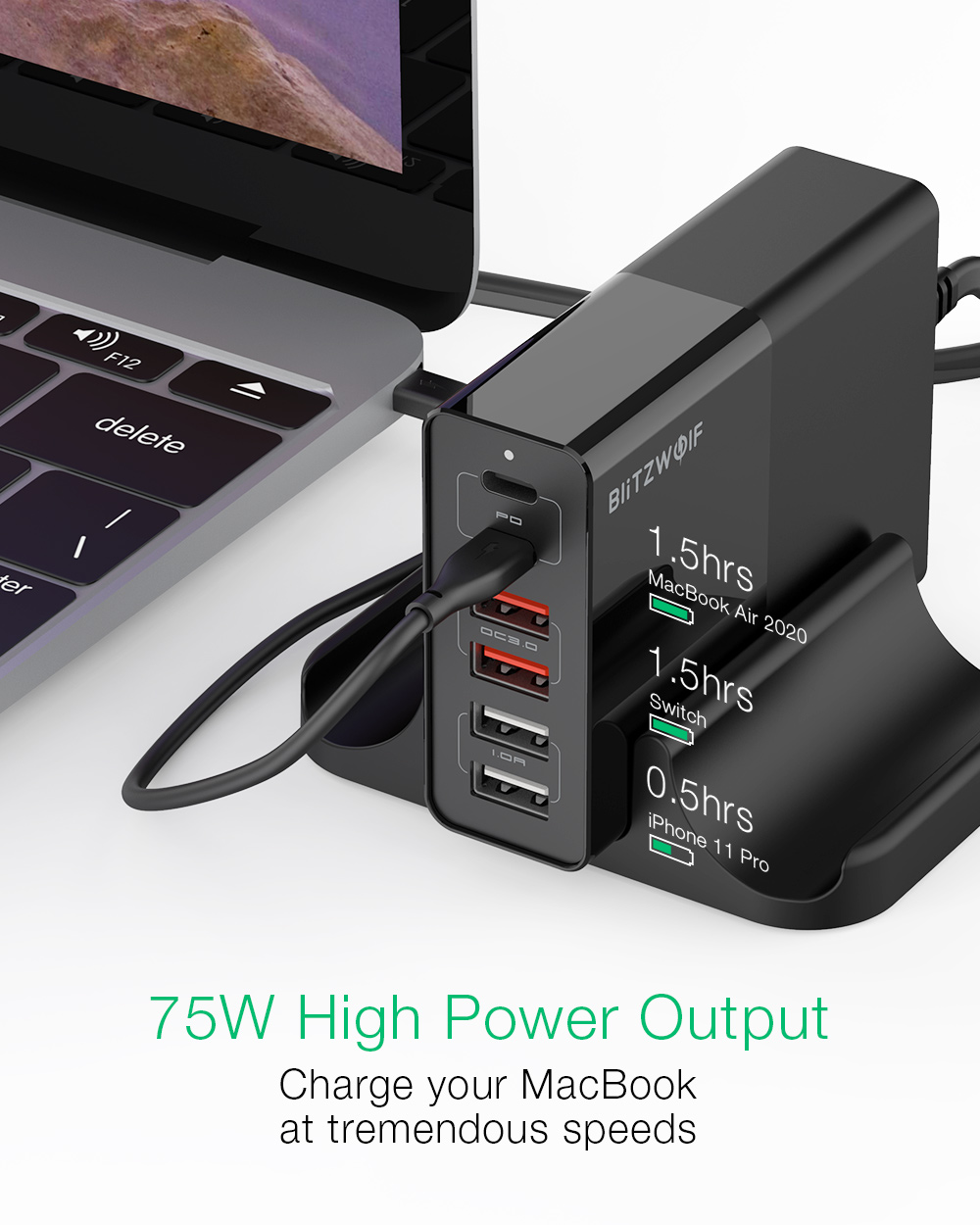 New BlitzWolf® BW-S16 75W 6-Port USB PD Charger Desktop Charging Station Dual PD3.0 Dual QC3.0 Support FCP SCP AFC Fast Charging EU AU US UK Plug Adapter For iPhone 11 SE 2020