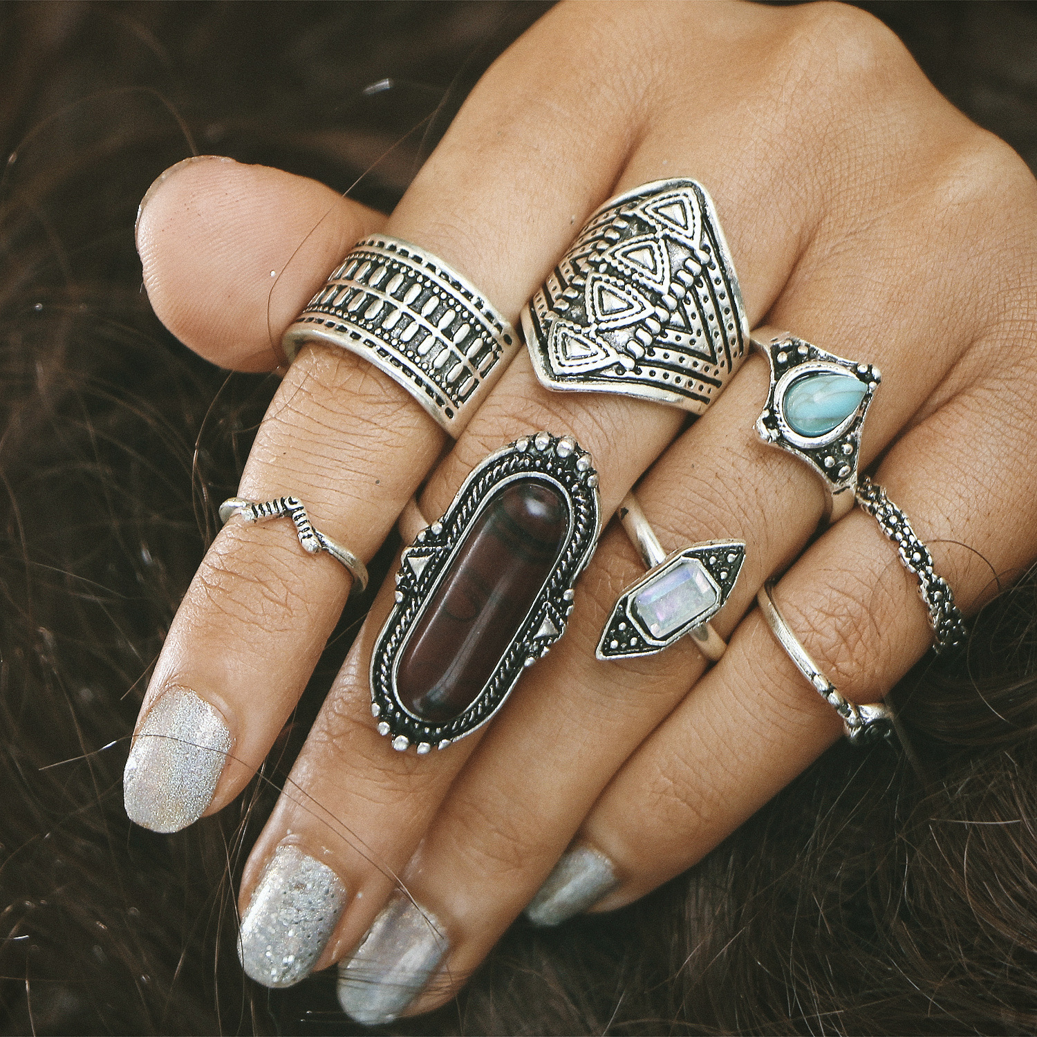 

8 Pcs Bohemian Turquoise Gem Knuckle Ring Set for Women