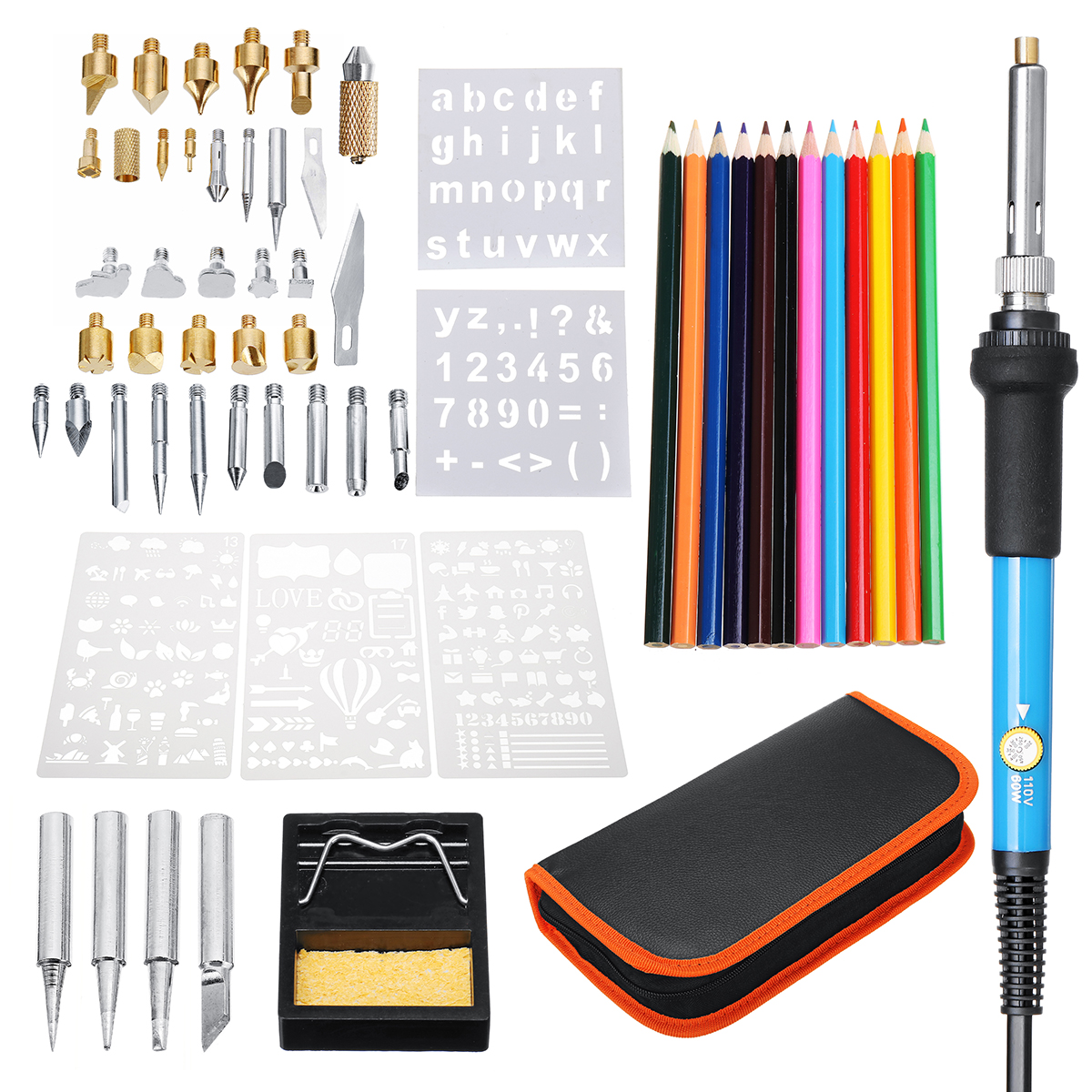 

60Pcs 110V 60W Wood Burning Pen Set Stencil Soldering Tips Tools Pyrography Solder Iron Kit