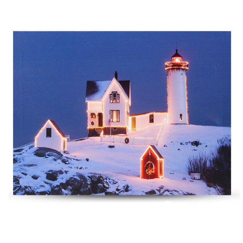 

40 x 30cm Operated LED Christmas Snowy Cottage On Hill Xmas Canvas Print Wall Art