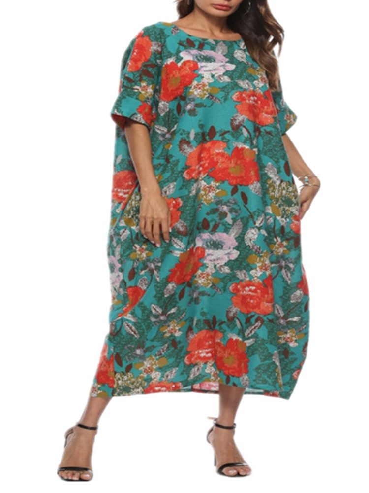 

Plus Size Floral Print O-neck Batwing Sleeve Baggy Dress