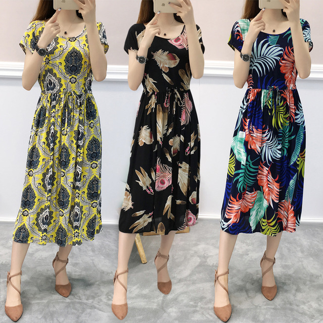 

New Floral Dress Female Sleeves Tether Loose Comfortable Beach Skirt Seaside Holiday Dress 13 Colors