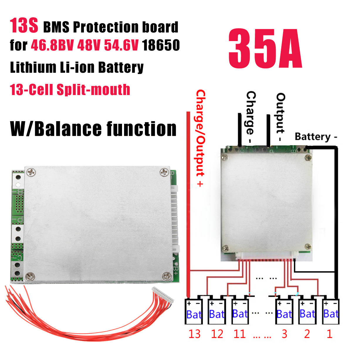 13S 35A 48V Li-ion Battery Protection Board BMS PCB with Balance For E-bike Scooter