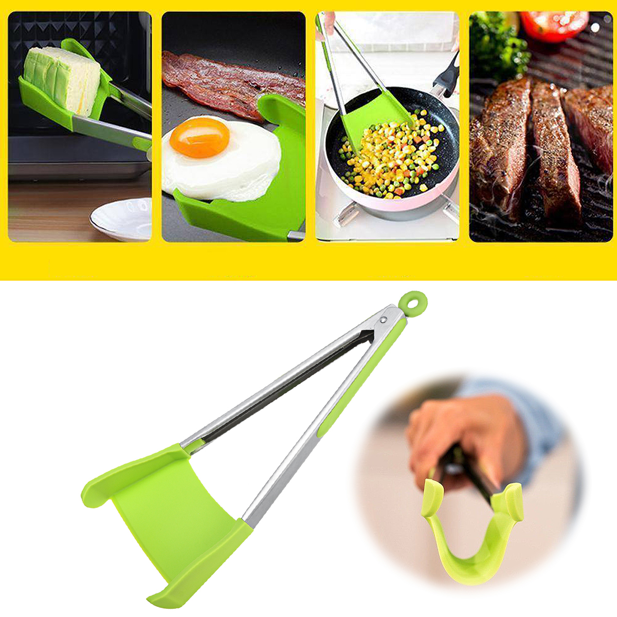 

2 in 1 Stainless Steel Non Stick Heat Resistance Picnic BBQ Spatula Tongs Food Clip Outdoor Camping