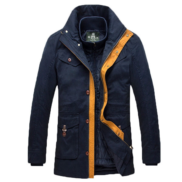 

Mens Detachable Liner Stand Collar Warm Multi-pocket Jacket Contrast Color Mid-long Coat