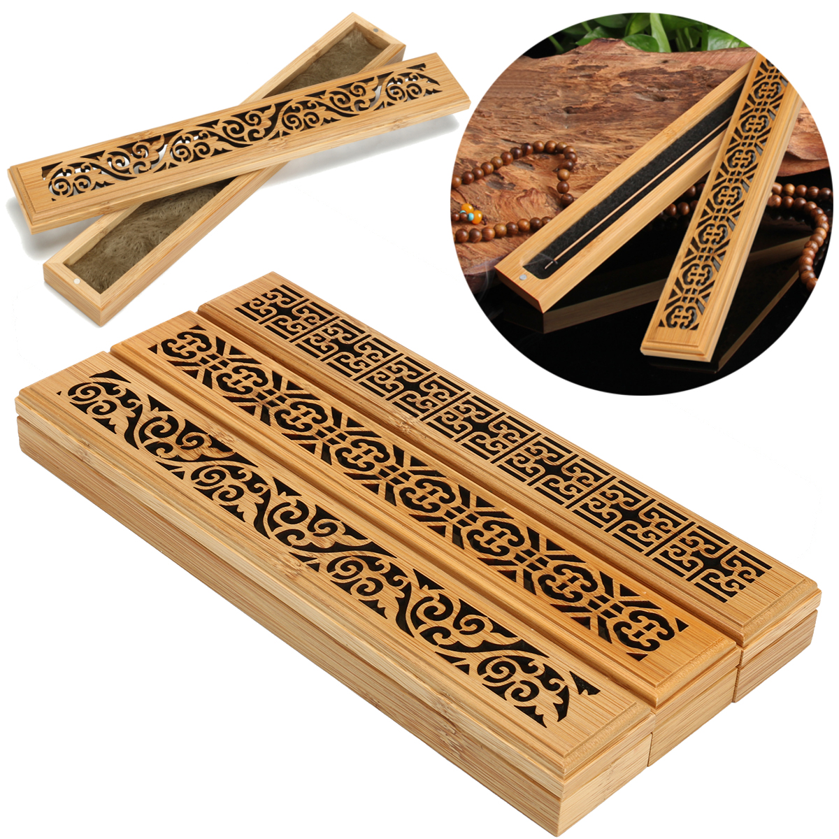 

Bamboo Incense Burner Box Drawer Magnet Incense Lore Hollow Carving Cover Burner Censer Holder