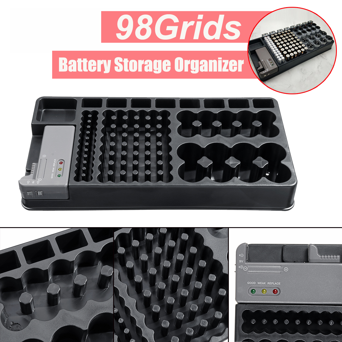 Battery Storage Box with Tester Capacity 98 Batteries