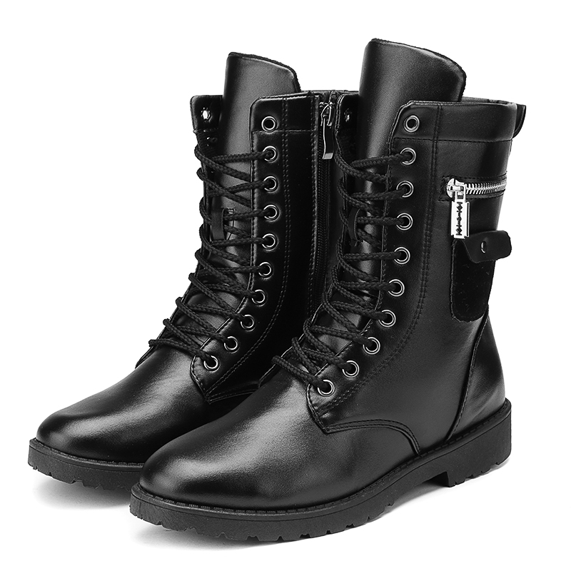 

Men's Motorcycle Leather Boots Punk Studded Zipper Tactical Combat Mid Calf Military Shoes