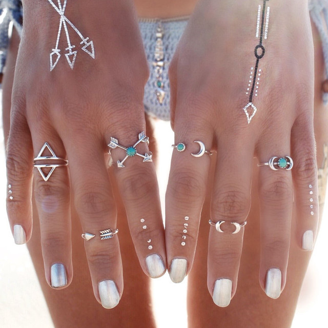 

6Pcs Vintage Exaggerated Geometric Turquoise Moon Arrow Ring