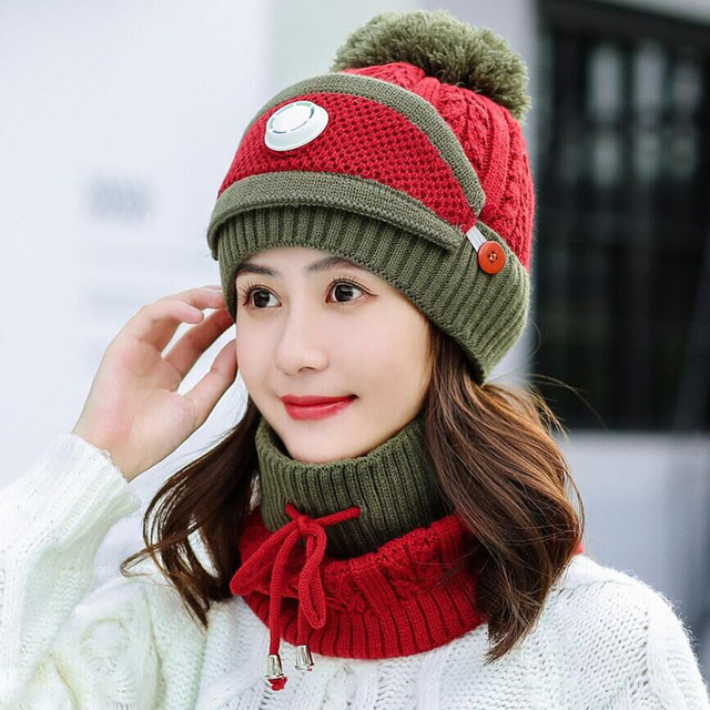 

New Mask Bib Two-piece Set Of Plus Thick Knit Hat Warm Earmuffs Mixed Color Wool Beanie Cap