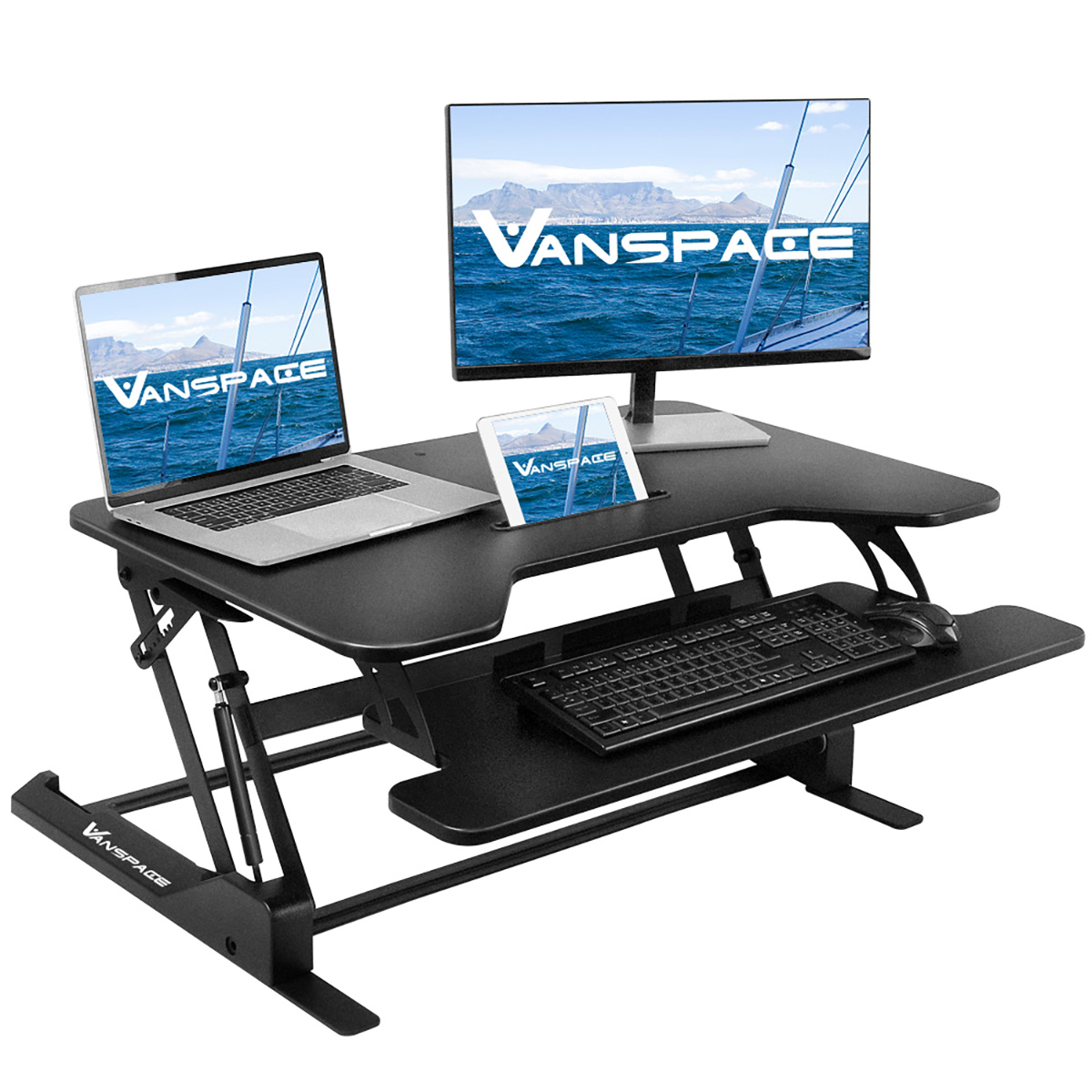 

Height Adjustable Standing Desk Sit to Stand Gas Spring Riser Converter Computer Laptop Desk Workstation fits Dual Monitor