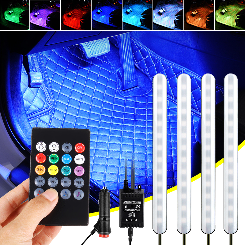 

4PCS DC12V 5050 SMD F8 Car Interior LED Atmosphere Neon Rigid Strip Light Music Control Lamp + 20Keys Remote Control