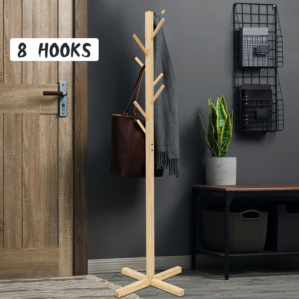 8 Hooks Wooden Coat Hat Rack Tree Stand Umbrella Holder Cloth Hanger Hall Wood Base 5