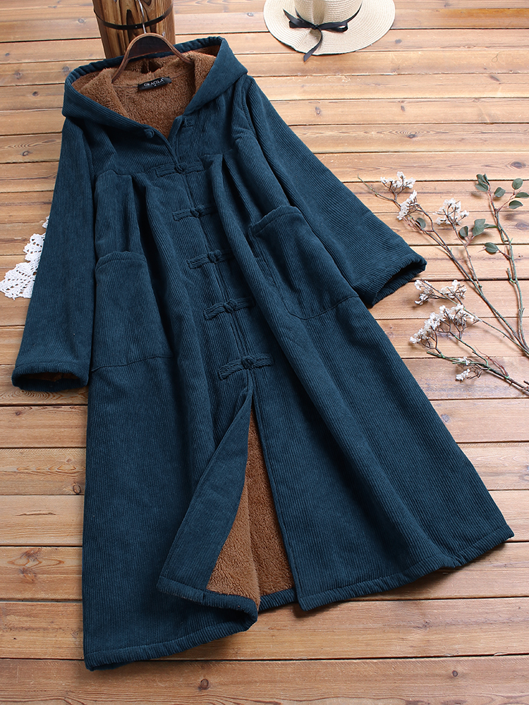 

Corduroy Frog Button Solid Color Hooded Maxi Coats