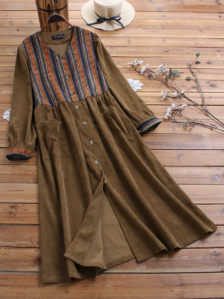 

Plus Size Corduroy Striped Patchwork Button Vintage Dress