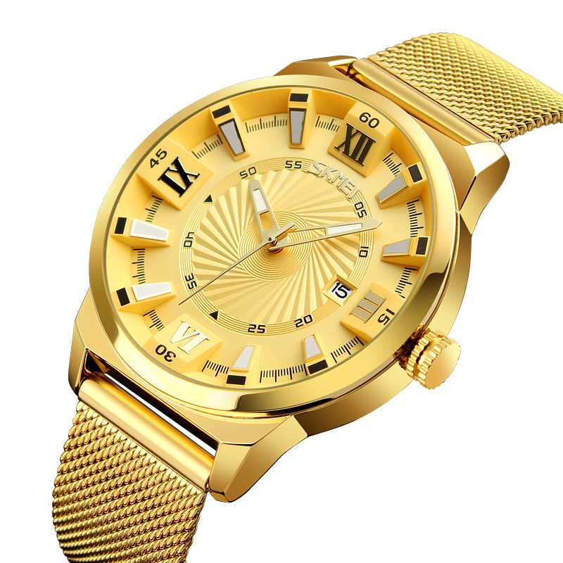 

SKMEI 9166 бизнес золото из нержавеющей стали ремешок дата Дисплей Водонепроницаемы мужские часы кварцевые часы