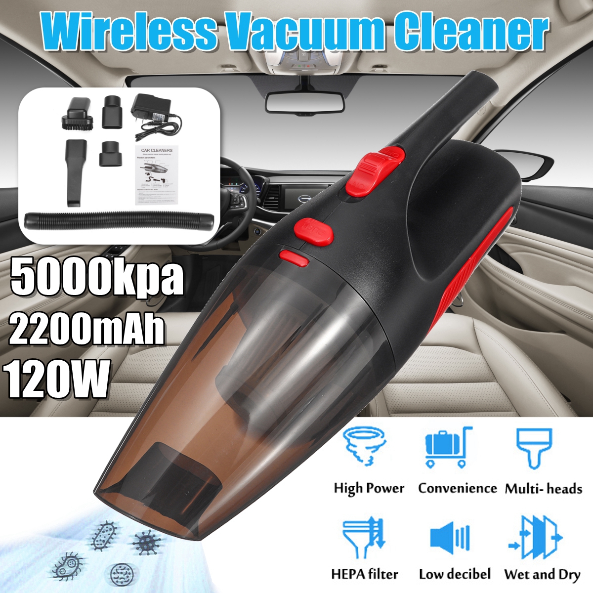5000kpa Strong Power Car Vacuum Cleaner DC 12 Volt 120W Handheld Wet/Dry Auto Portable Vacuum Cleaner 10