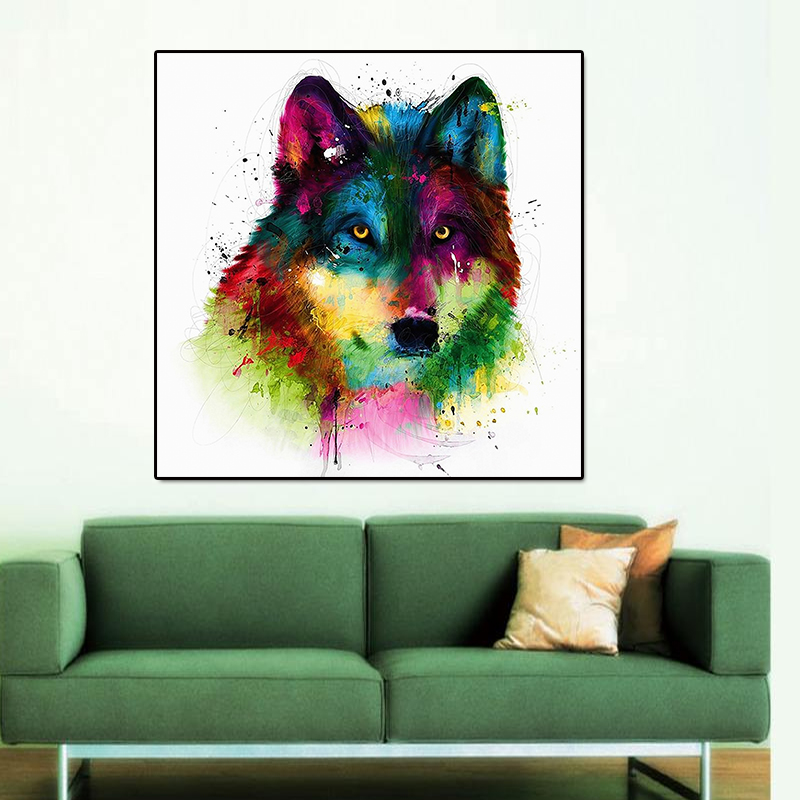 

Miico Hand Painted Oil Paintings Abstract Colorful Wolf Head Wall Art For Home Decoration Painting