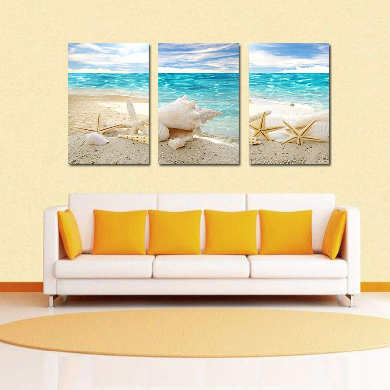 

Miico Hand Painted Three Combination Decorative Paintings Beach Shell Wall Art For Home Decoration