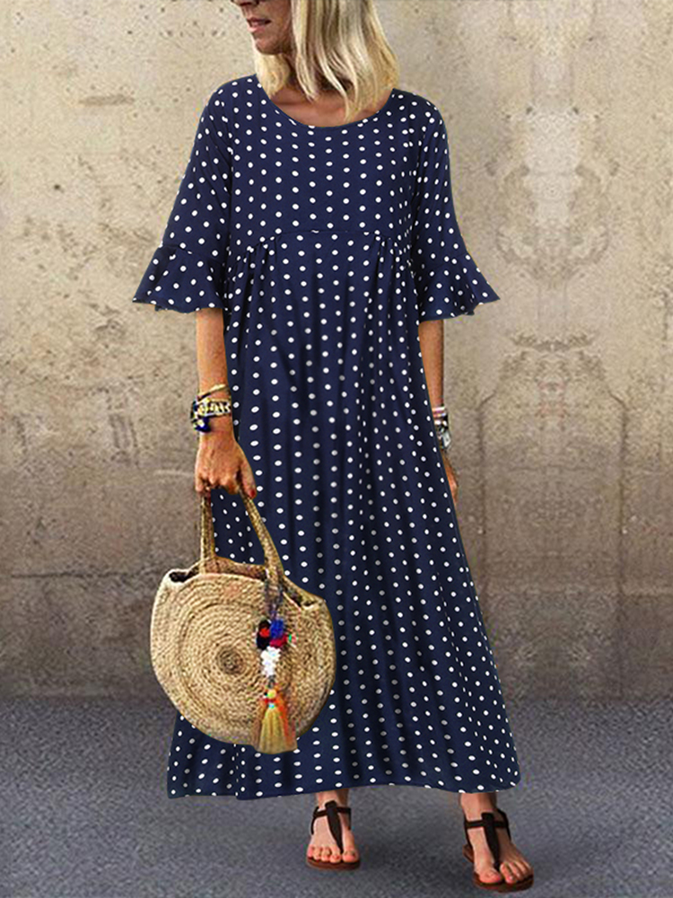 

Женский свободный колокольчик с длинным рукавом в горошек Maxi Платье