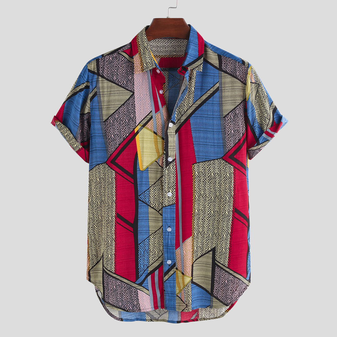 

Mens Color Block Geometry Print Turn Down Collar Casual Shirts