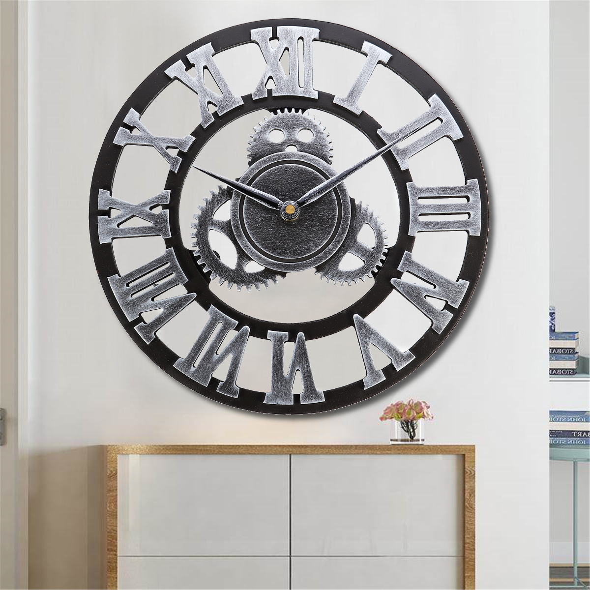 

3D Gear Large Wall Clock Vintage Retro Roman Numerals Silent Sweep Non-ticking
