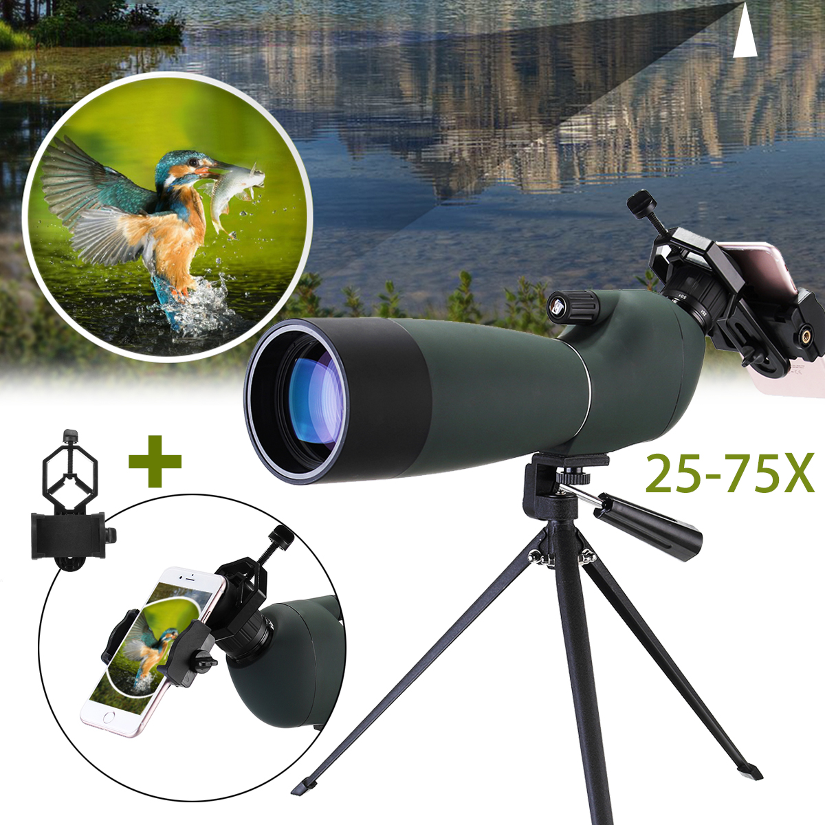 25-75X70 Zoom Spotting Scope With Tripod Phone Adapter Bird Watching Monocular 