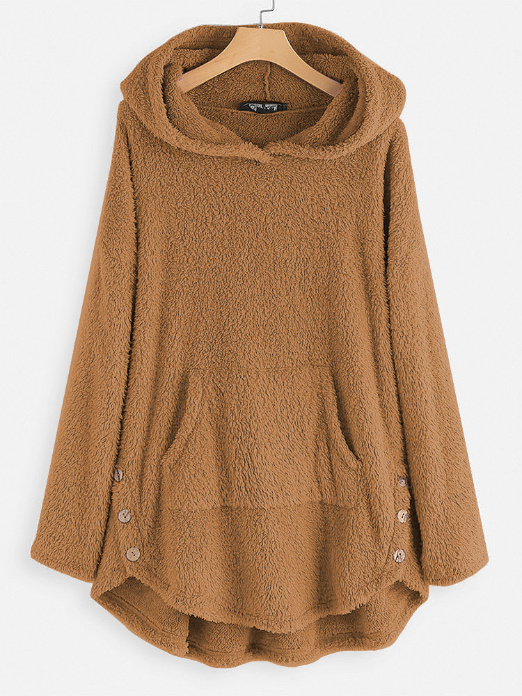

Women Fleece Asymmetrical Button Hem Hoodie Sweatshirt