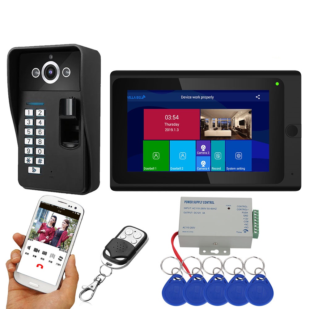 

ENNIO 7 inch Wifi Wireless Fingerprint RFID Video Door Phone Doorbell Intercom System with Wired AHD 1080PDoor Access