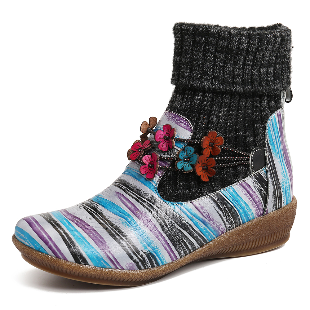 

Women Colorful Stripes Splicing Flowers Ankle Boots