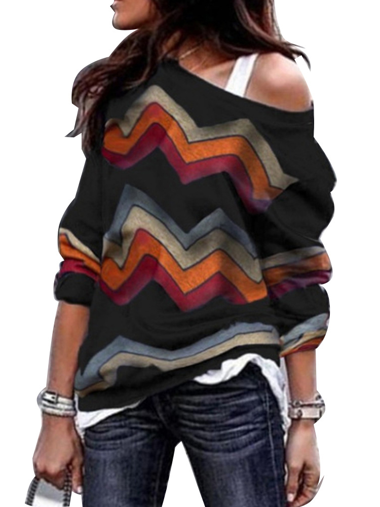 Striped Patchwork One-shoulder Long Sleeve T-shirts