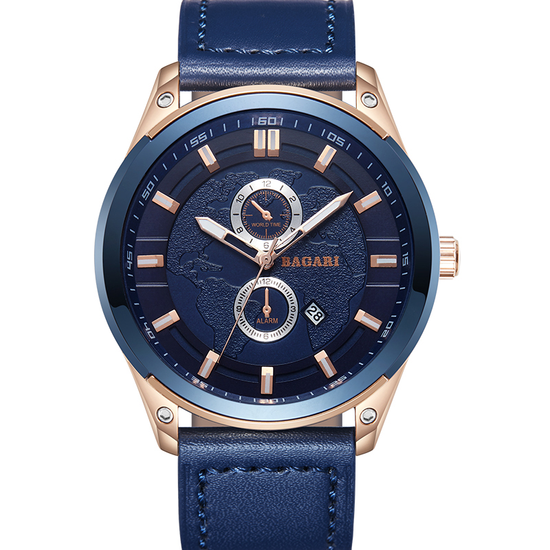 

BAGARI 8009P Fashion Leather Strap Men Date Display Quartz Watch