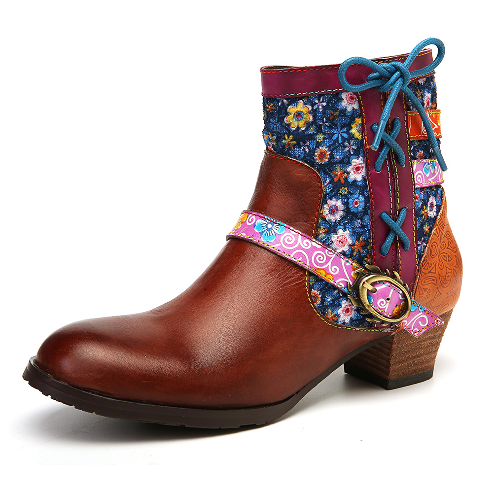 

Women Folkways Flowers Splicing Zipper Ankle Boots