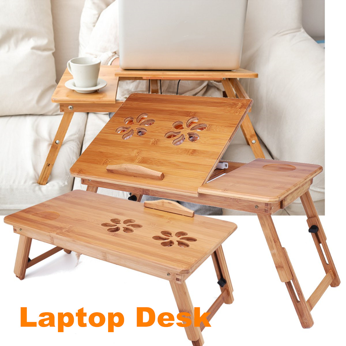 Portable Folding Lap Desk Bamboo Laptop Breakfast Tray Bed Table Stand Fan 2
