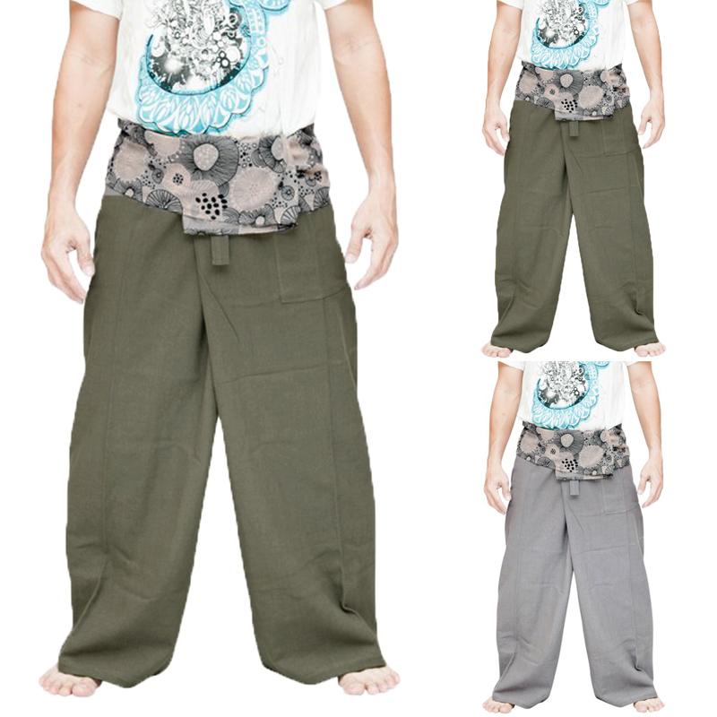 

Men Casual Cotton Linen Baggy Thai Yoga Beach Pants Loose Wide Leg Trouser Pants