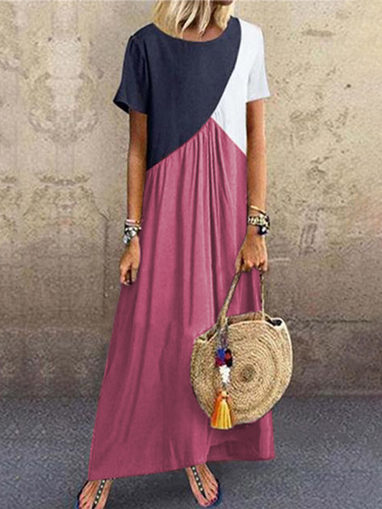 

Contrast Color Splice Pleated Short Sleeve Maxi Dress