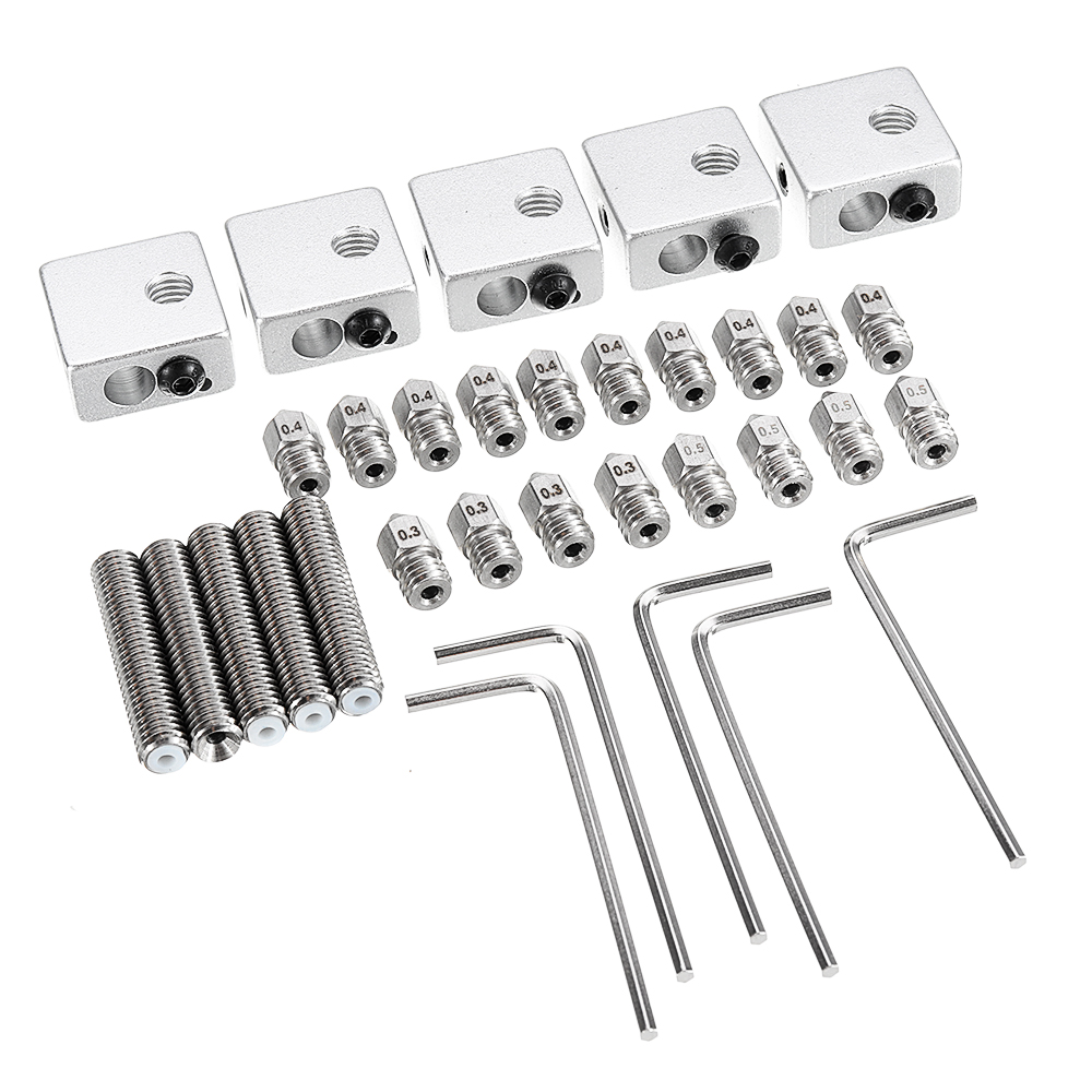 0.3&0.4&0.5mm Stainless Steel Nozzle + Aluminum Heating Block + M6-30mm Nozzle Throat + L-type Wrench Kit for 1.75mm Filament 12