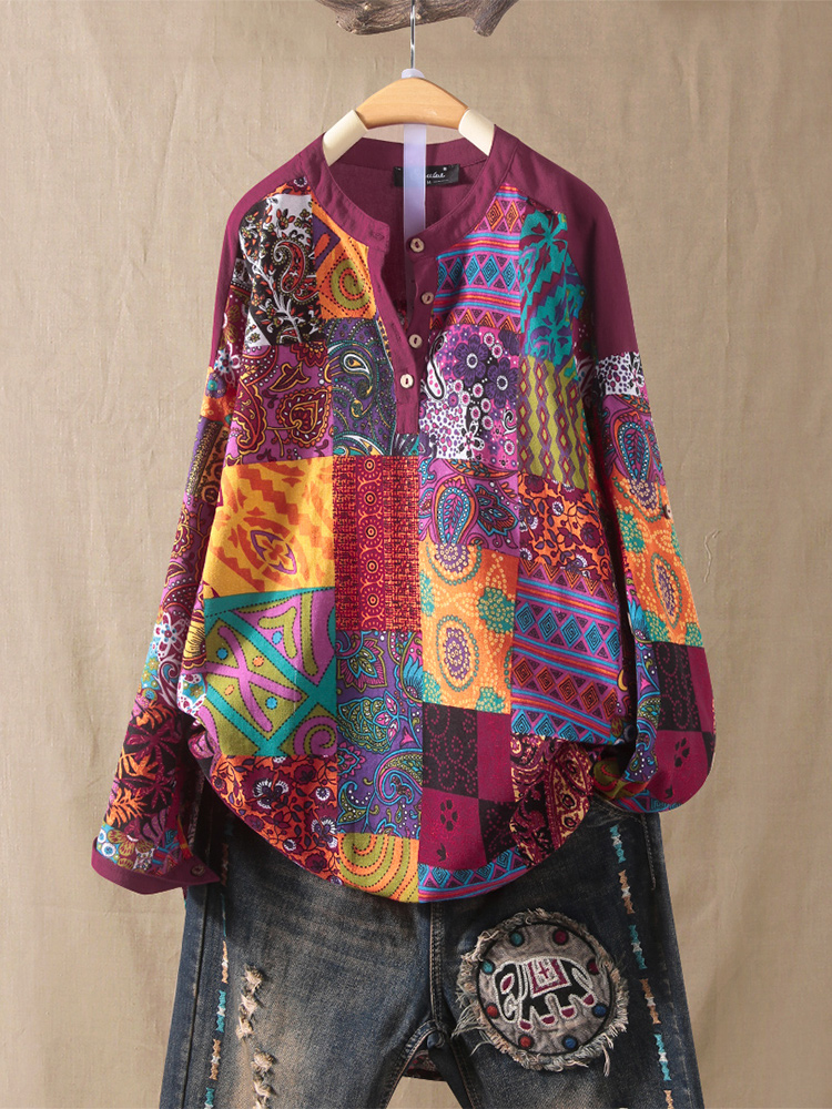

Ethnic Style Floral Print Patchwork Button Cotton Shirt