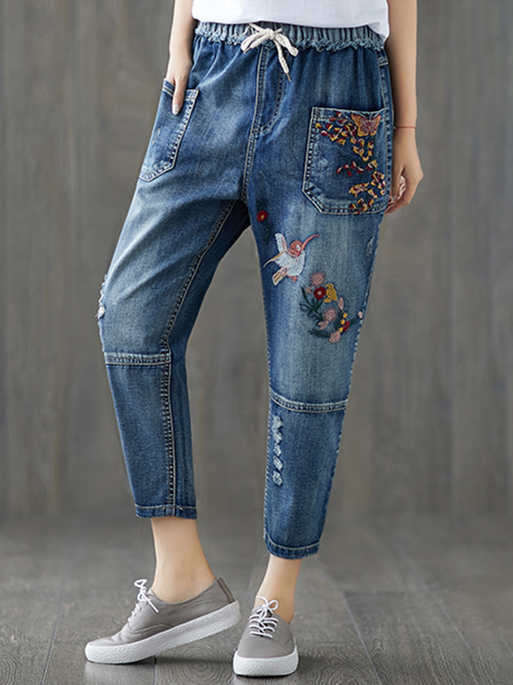

Casual Pocket Embroidered Harem Denim Pants for Women