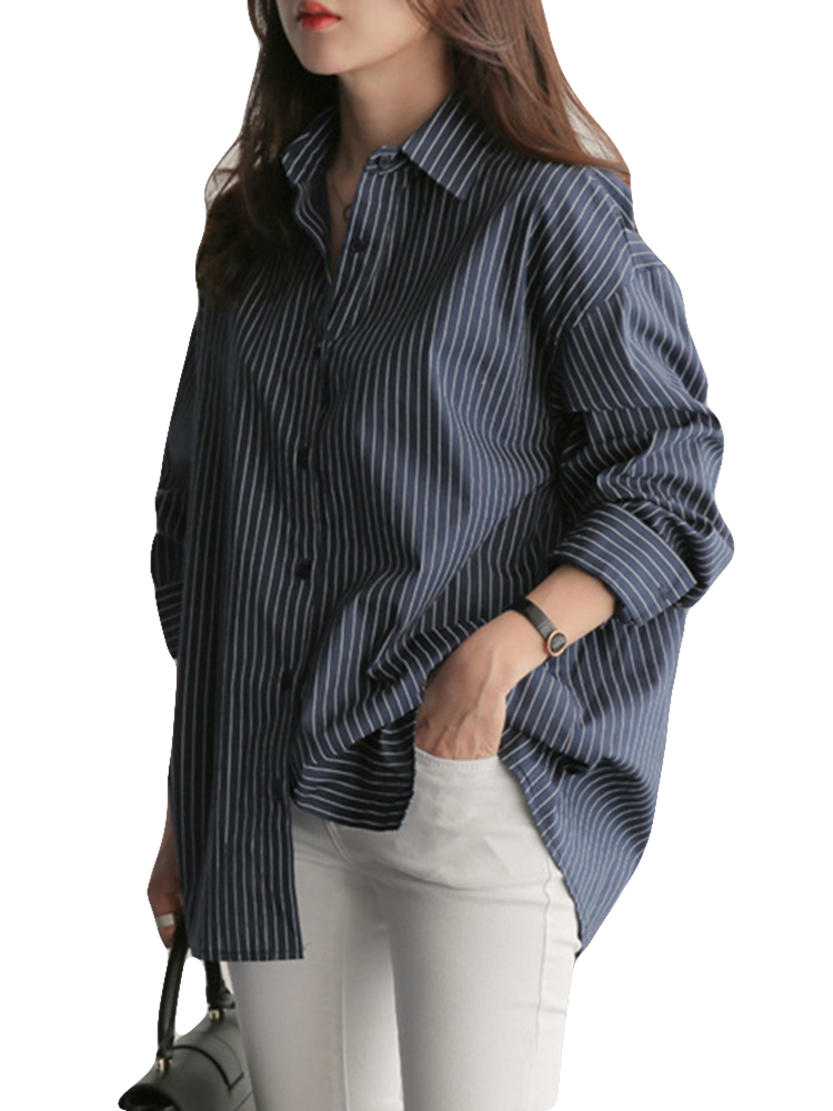 

Striped Turn-down Collar Long Sleeve Casual Blouse