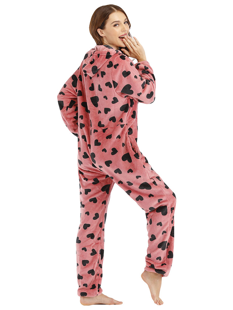 Buy Flannel Heart Printed Front Zip Hoodie Onsie With Pocket Pajama Set.