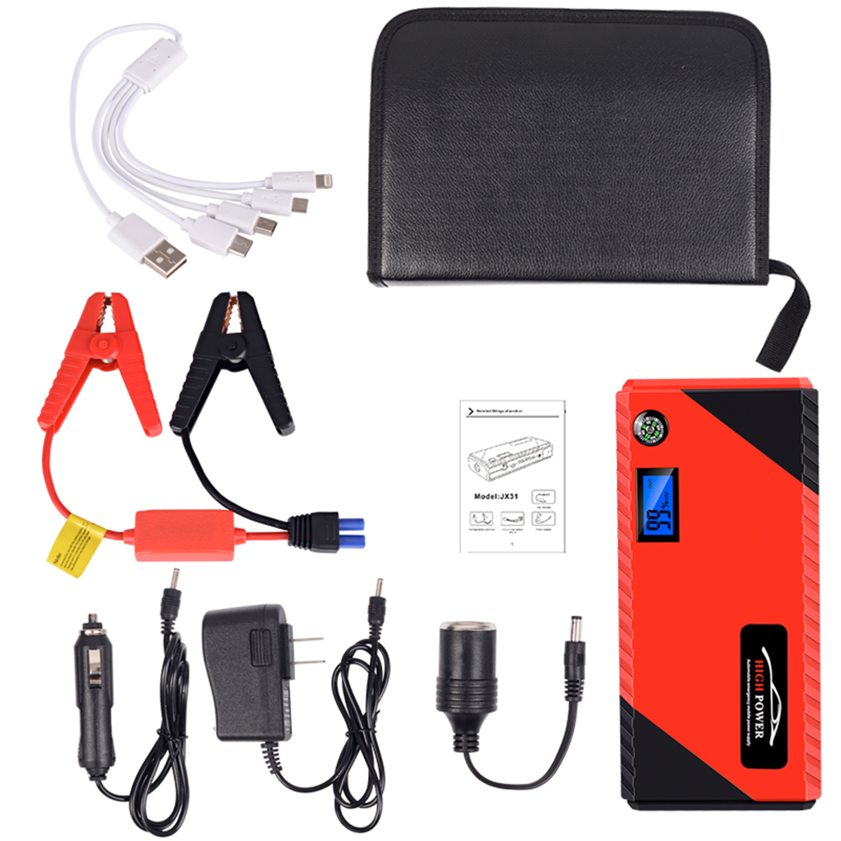 

JX31 Display 98600mAh 12V Car Jump Starter Portable USB Emergency Power Bank Battery Booster Clamp 1000A DC Port Red