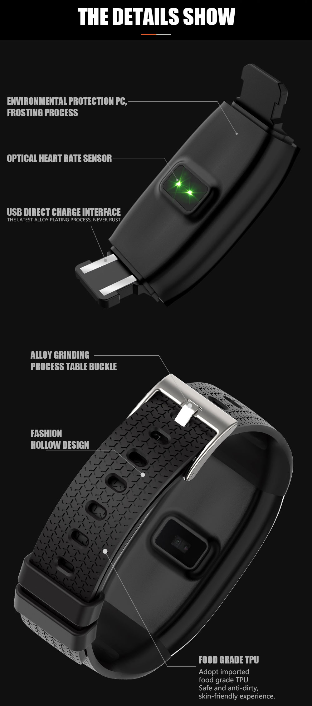 Bakeey S2 1.14' Big Screen Wristband Heart Rate Monitor Fitness Tracker USB Charger Smart Watch 16