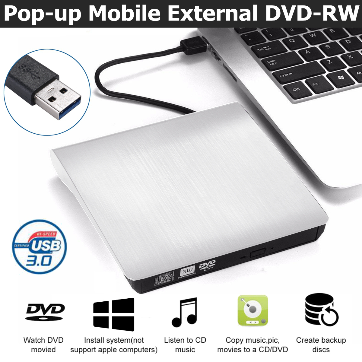 USB 3.0 Slim External DVD Optical Drive DVD-RW CD-RW Combo Drive Burner Reader Player 7