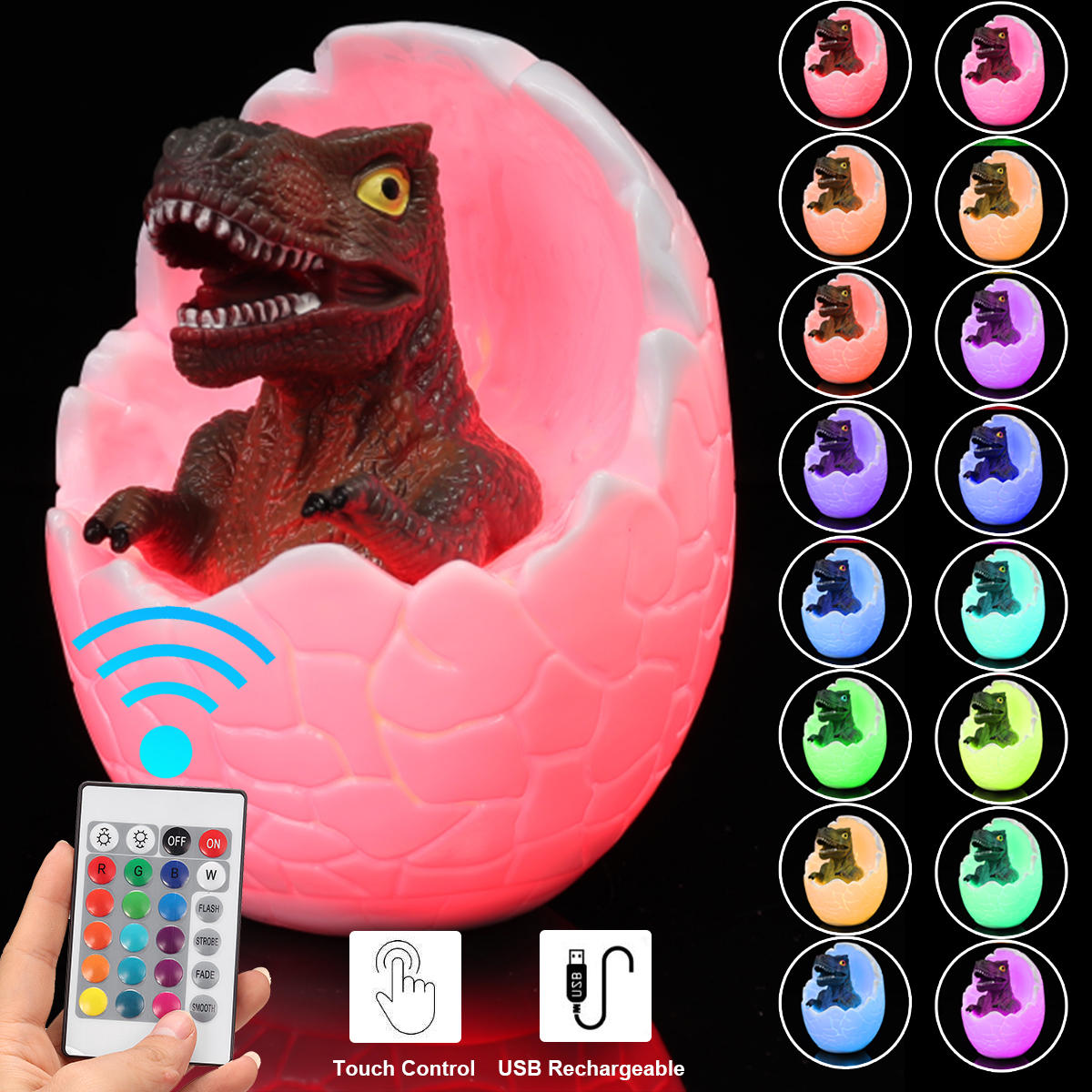 

16 Colors Change 3D Dinosaur Night Light Egg Lamp Bedside Kids Room Desk Decor Gift