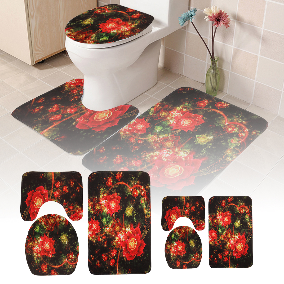 

3PCS Non-Slip Bathroom Pedestal Rug+Lid Toilet Cover+Bath Floor Mat