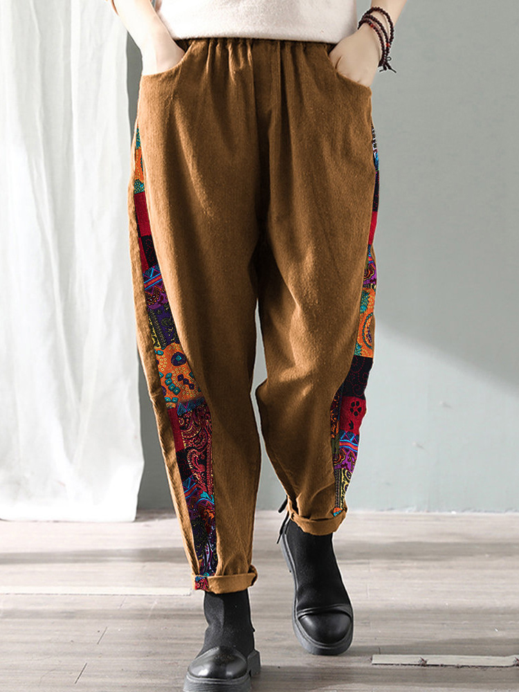 

Ethnic Style Print Splice Corduroy Trousers Elastic Waist Casual Pants with Pockets